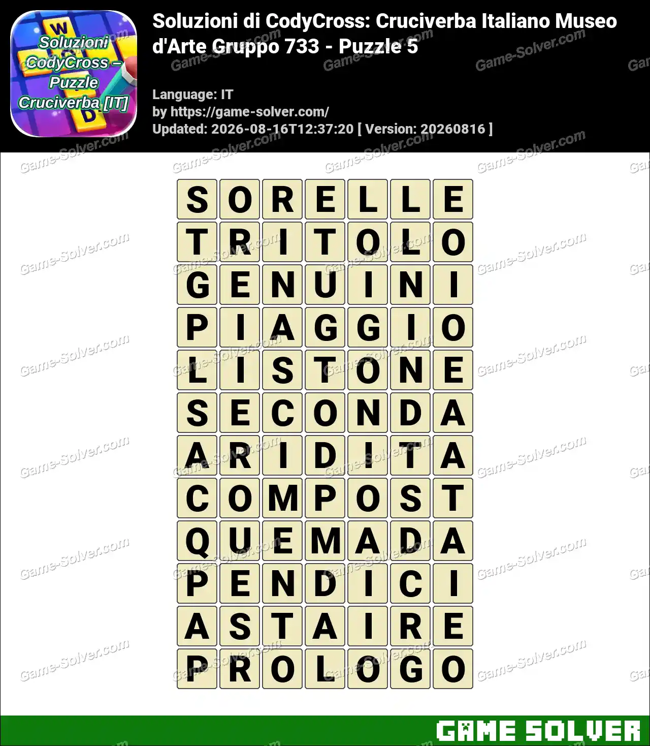 Soluzioni di CodyCross: Cruciverba Italiano Museo d’Arte Gruppo 733 – Puzzle 5
